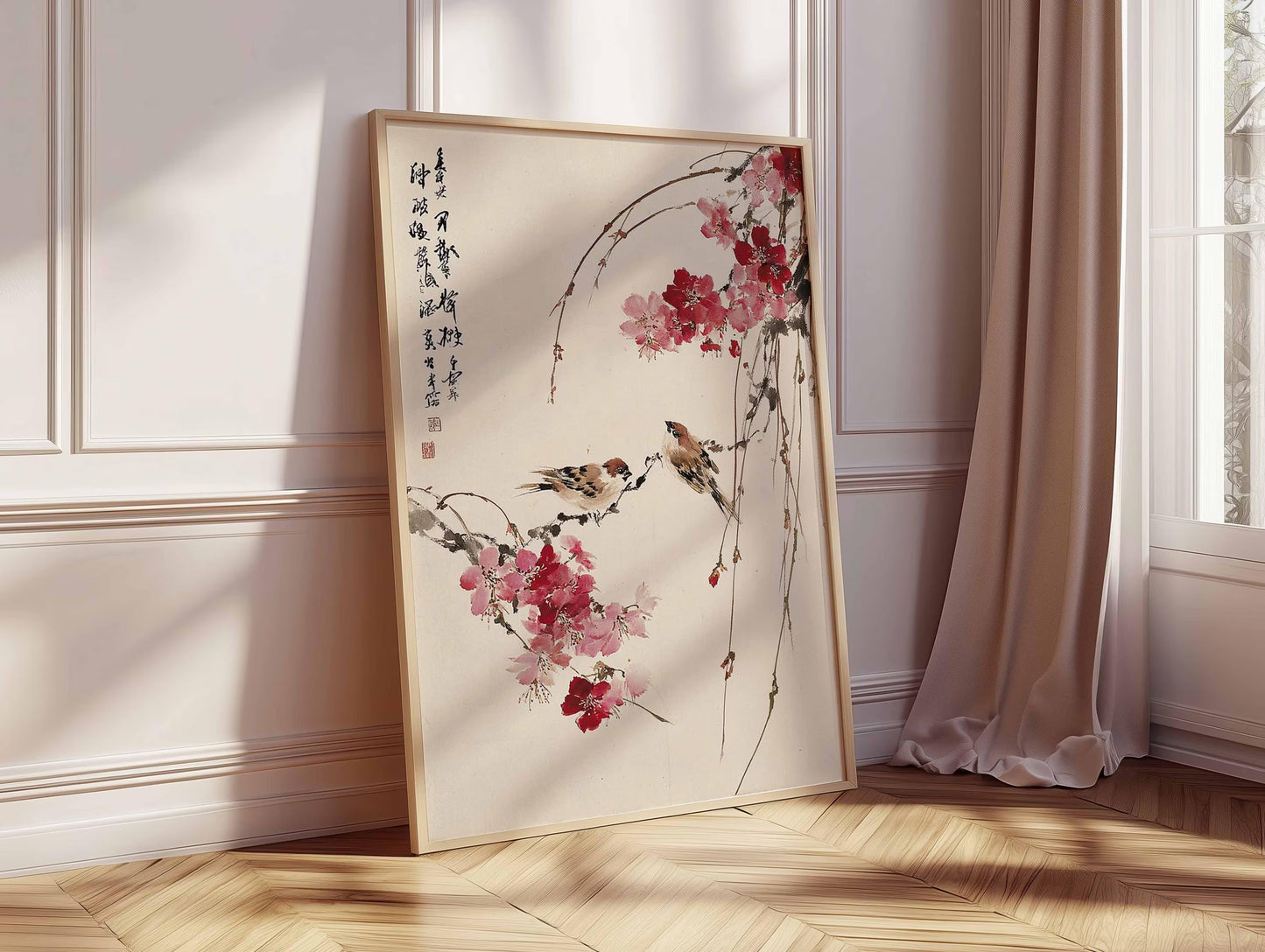 Cherry Blossom Wall Art, Japanese Bird Poster, Asian Style Print, Oriental Nature Artwork, Zen Home Decor, Traditional Floral Wall Art