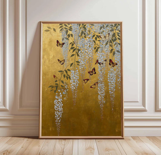 Japanese Floral Gold Poster, Wisteria and Butterfly Wall Art Print, Elegant Nature Decor, Vintage Botanical Artwork, Hanging Flowers Art