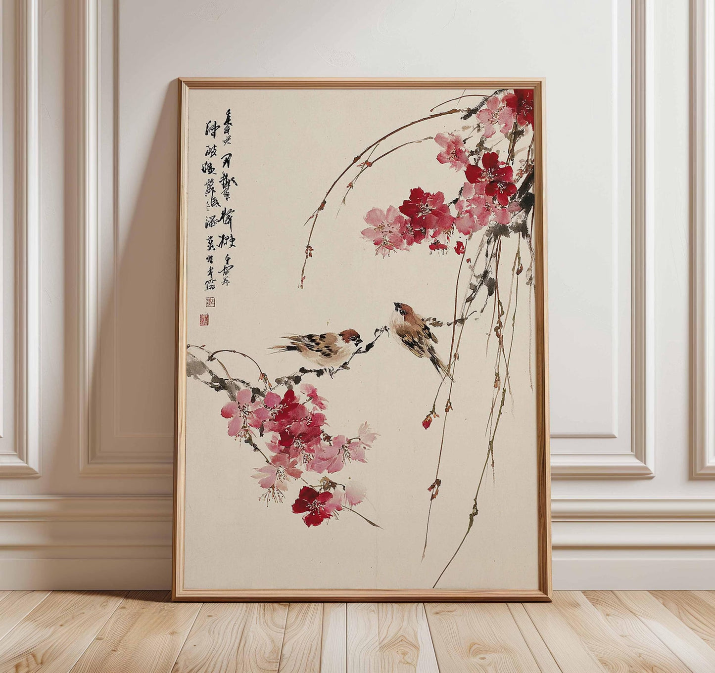 Cherry Blossom Wall Art, Japanese Bird Poster, Asian Style Print, Oriental Nature Artwork, Zen Home Decor, Traditional Floral Wall Art