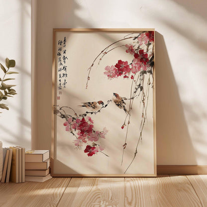 Cherry Blossom Wall Art, Japanese Bird Poster, Asian Style Print, Oriental Nature Artwork, Zen Home Decor, Traditional Floral Wall Art