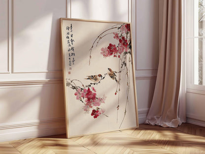 Cherry Blossom Wall Art, Japanese Bird Poster, Asian Style Print, Oriental Nature Artwork, Zen Home Decor, Traditional Floral Wall Art