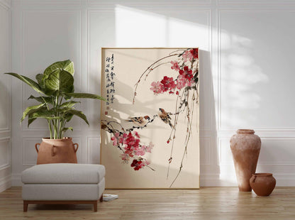 Cherry Blossom Wall Art, Japanese Bird Poster, Asian Style Print, Oriental Nature Artwork, Zen Home Decor, Traditional Floral Wall Art
