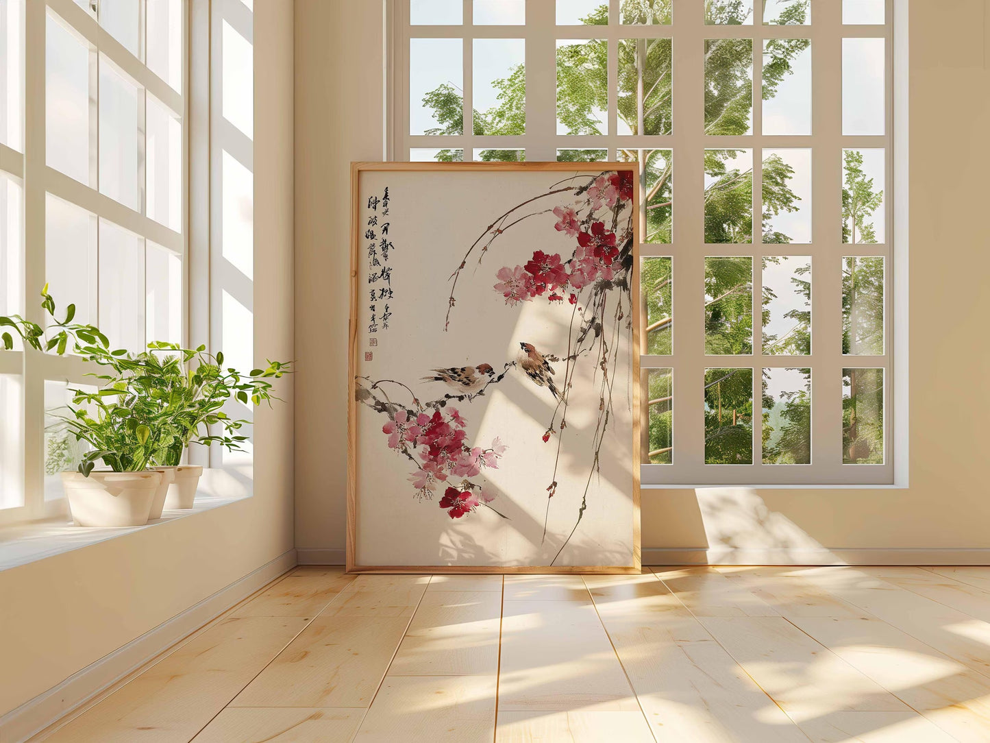 Cherry Blossom Wall Art, Japanese Bird Poster, Asian Style Print, Oriental Nature Artwork, Zen Home Decor, Traditional Floral Wall Art