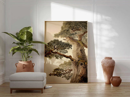 Ancient Pine Tree Wall Art, Japanese Nature Poster Print, Zen Botanical Decor, Oriental Tree Painting, Unframed Calm Forest Artwork